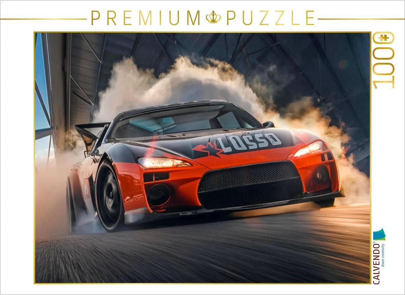 CALVENDO Puzzle Ein schwarz-orangefarbener Rennwagen fährt auf einer Rennstrecke vor einer Tribüne |