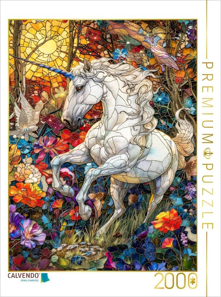 CALVENDO Puzzle Ein majestätisches Einhorn prangt auf einer farbenfrohen Blumenwiese | 2000 Teile Le