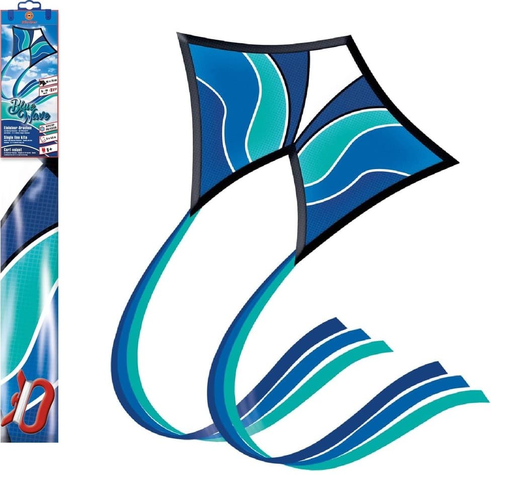 Paul Günther 1158 - Einleiner-Drachen Blue Wave aus Ripstop-Polyester, mit Schwanz, Wickelgriff, Schnur, 90x70 cm, ab 6 Jahren