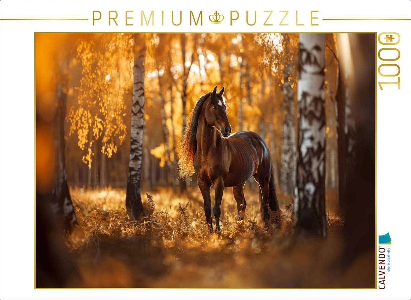 CALVENDO Puzzle Braunes Pferd im Herbstwald | 1000 Teile Lege-Größe 64x48cm Foto-Puzzle für glücklic
