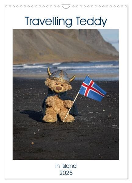 Travelling Teddy in Island (Wandkalender 2025 DIN A3 hoch), CALVENDO Monatskalender