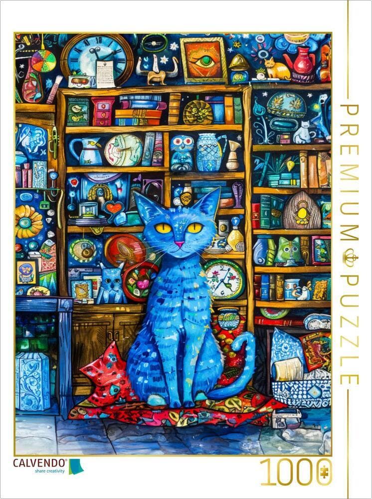 CALVENDO Puzzle Katze sitzt auf Kissen in Bibliothek | 1000 Teile Lege-Größe 64x48cm Foto-Puzzle für
