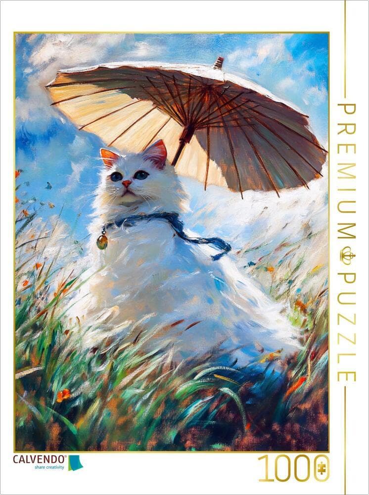 CALVENDO Puzzle Katze auf Wiese mit Sonnenschirm im impressionistischen Stil | 1000 Teile Lege-Größe