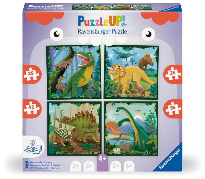 Puzzle UP! Dinosaurier von Ravensburger, 12004003 - 4 Puzzles mit 25, 36, 42, 56 Teilen zum Kombinieren und mit extra Wissensheft, für Dino-Fans im Alter von 4 Jahren