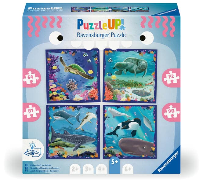 Puzzle UP! Meerestiere von Ravensburger, 12004004 - 4 Puzzles mit 64, 72, 81, 90 Teilen zum Kombinieren und mit extra Wissensheft, für Kinder im Alter von 5 Jahren