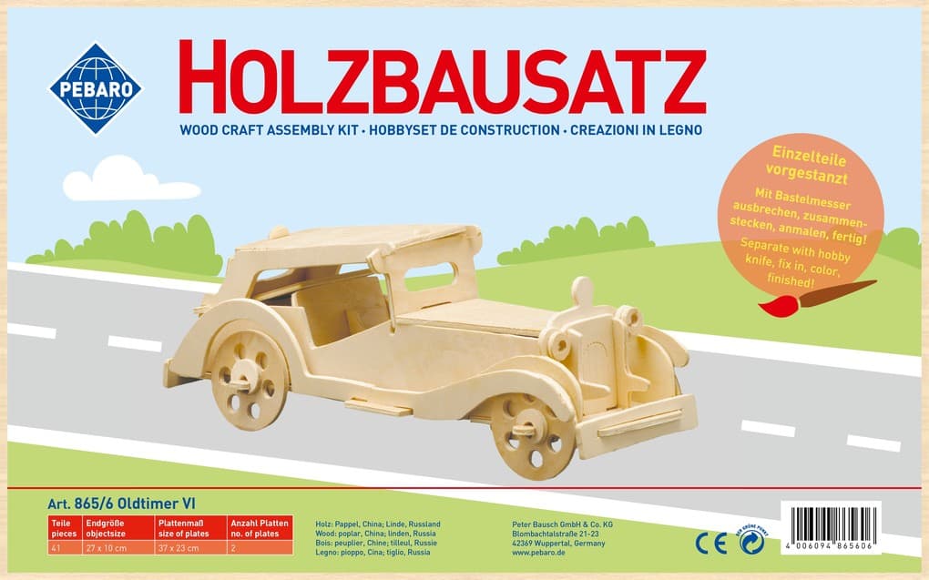 PEBARO 865/6 - Holzbausatz Oldtimer VI, 41 Teile, Holzkonstruktion zum Zusammenstecken