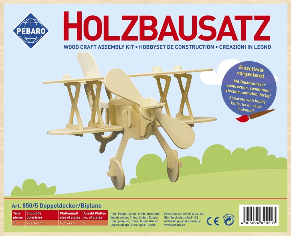 PEBARO 850/5 - Holzbausatz Doppeldecker, 18 Teile, Holzkonstruktion zum Zusammenstecken