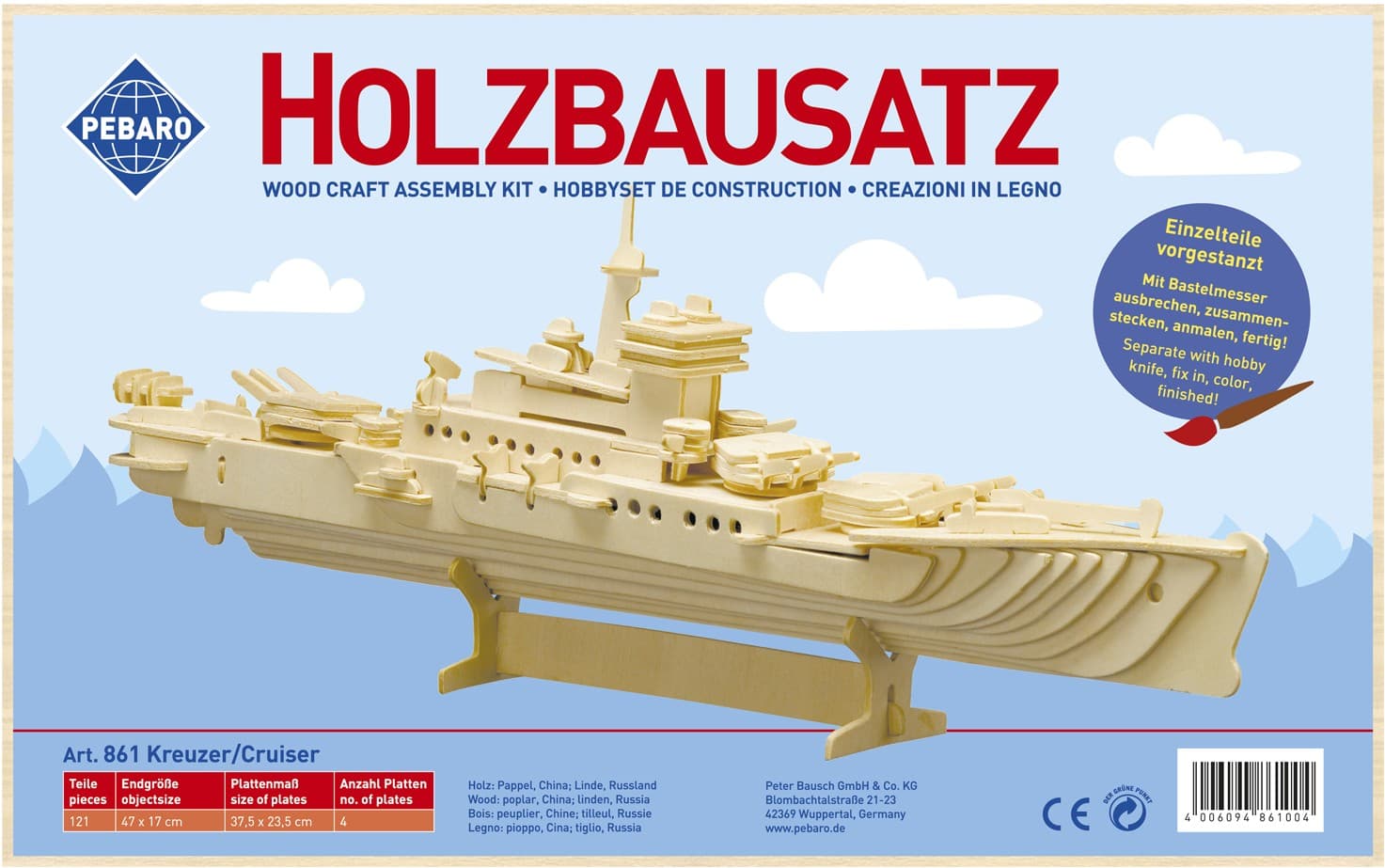 PEBARO 861 - Holzbausatz Kreuzer, 121 Teile, Holzkonstruktion zum Zusammenstecken