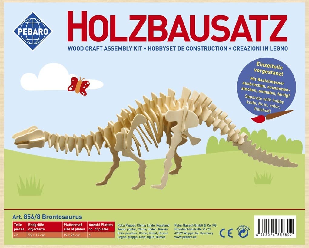 PEBARO 856/8 - Holzbausatz Dinosaurier Brontosaurus, 42 Teile, Holzkonstruktion zum Zusammenstecken
