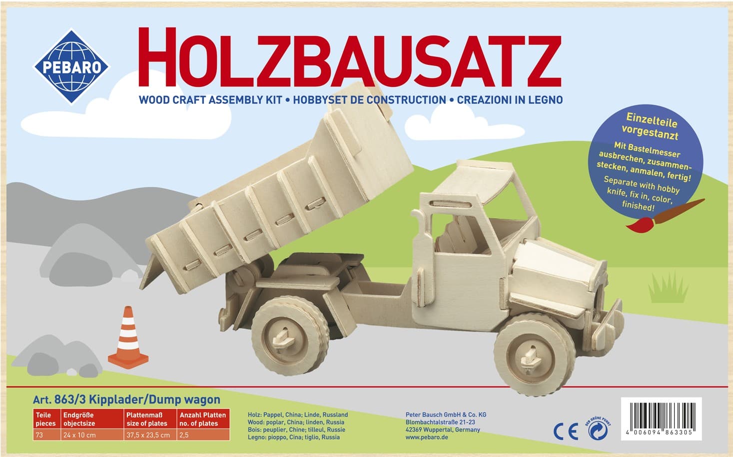 PEBARO 863/3 - Holzbausatz Kipplader, 73 Teile, Holzkonstruktion zum Zusammenstecken