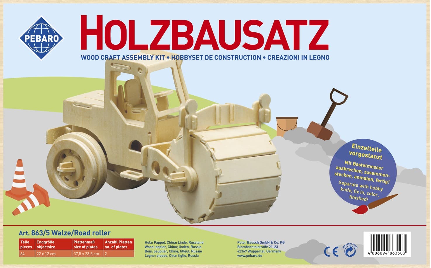 PEBARO 863/5 - Holzbausatz Walze, 64 Teile, Holzkonstruktion zum Zusammenstecken