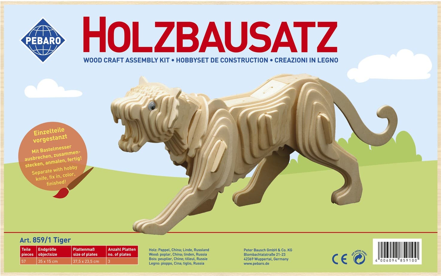PEBARO 859/1 - Holzbausatz Tiger, 57 Teile, Holzkonstruktion zum Zusammenstecken