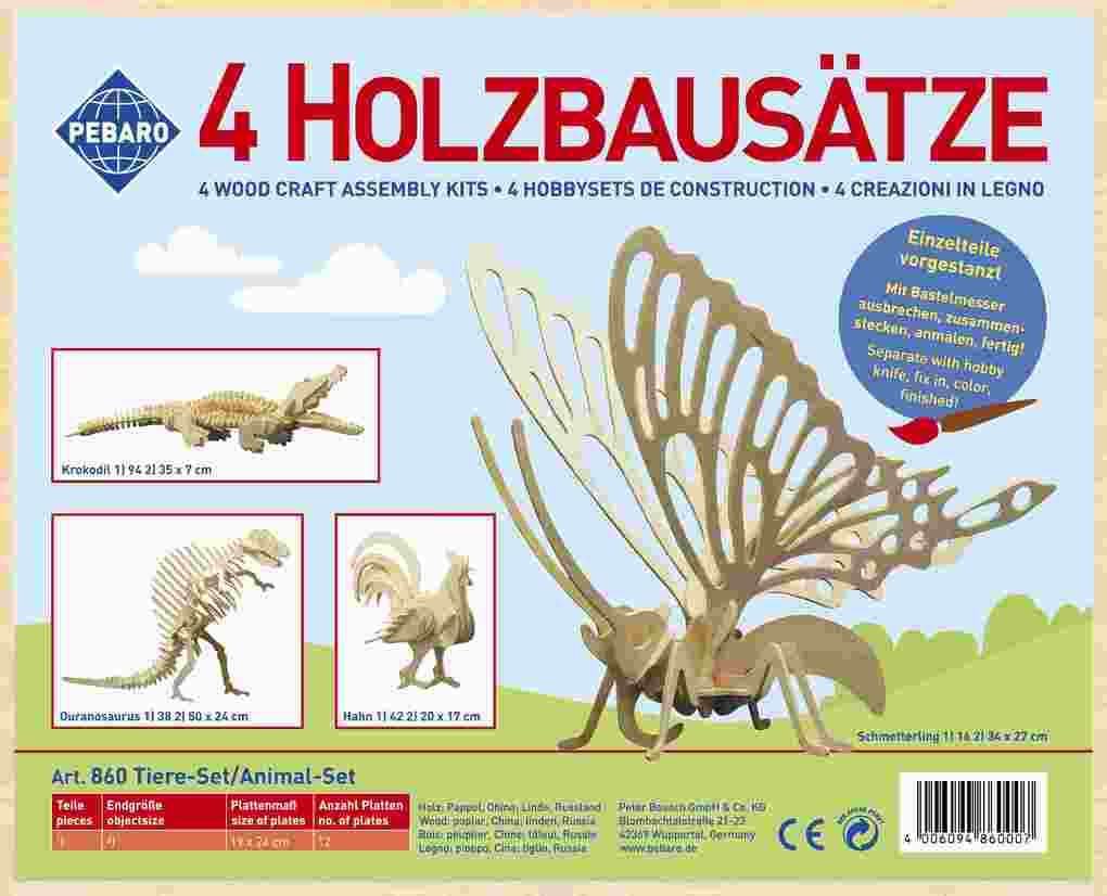 PEBARO 860 - Holzbausatz Tier-Set, Hahn, Ouranosaurus, Krokodil, Schmetterling, 4 Holzkonstruktionen zum Zusammenstecken
