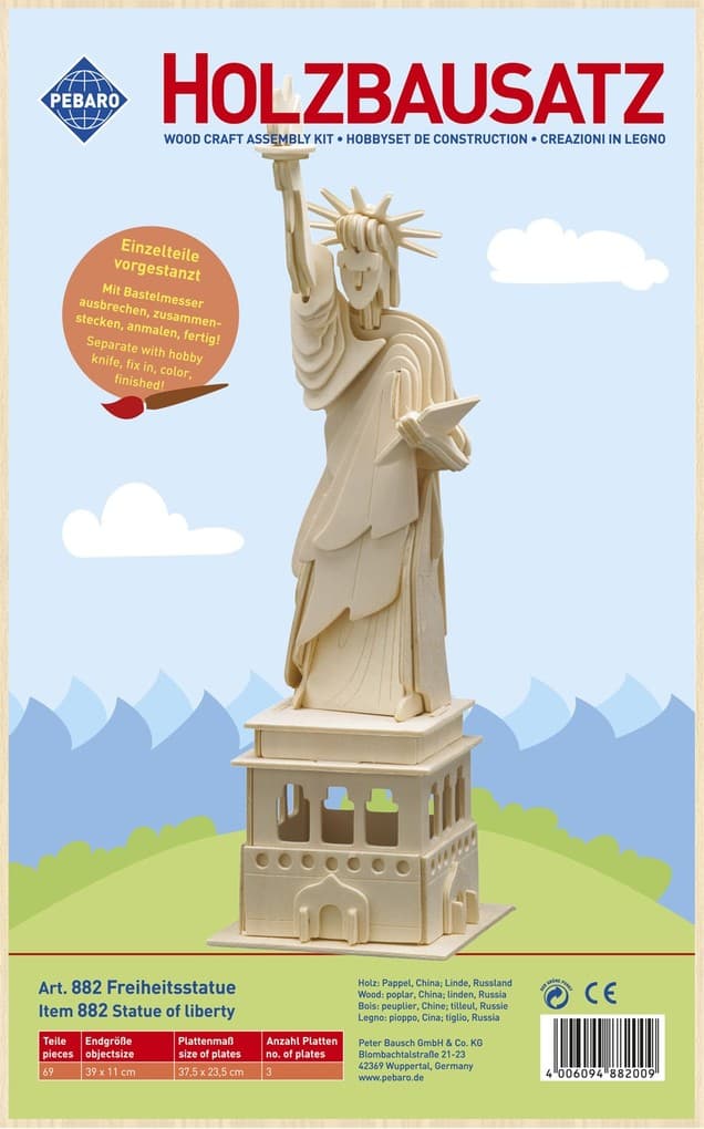 PEBARO 882 - Holzbausatz Freiheitsstatue, 69 Teile, Holzkonstruktion zum Zusammenstecken