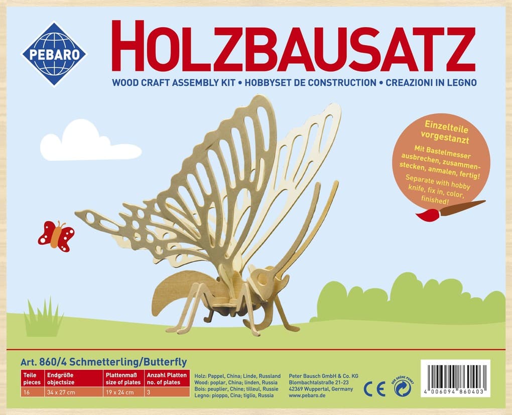 PEBARO 860/4 - Holzbausatz Schmetterling, 16 Teile, Holzkonstruktion zum Zusammenstecken