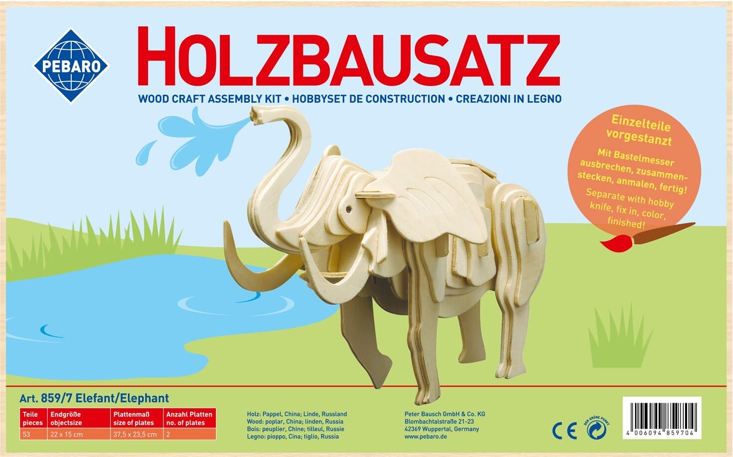 PEBARO 859/7 - Holzbausatz Elefant, 53 Teile, Holzkonstruktion zum Zusammenstecken