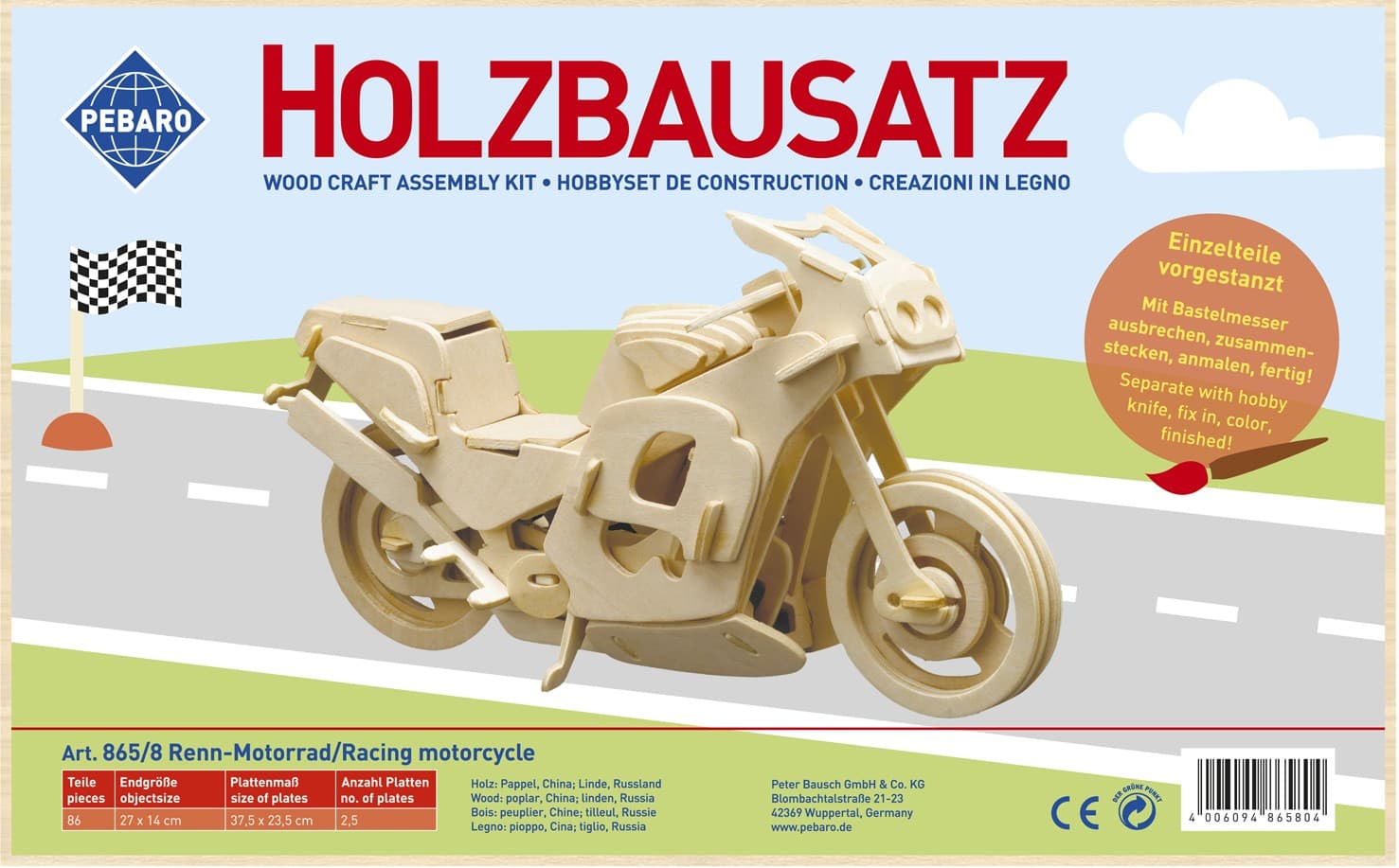 PEBARO 865/8 - Holzbausatz Renn-Motorrad, 86 Teile, Holzkonstruktion zum Zusammenstecken