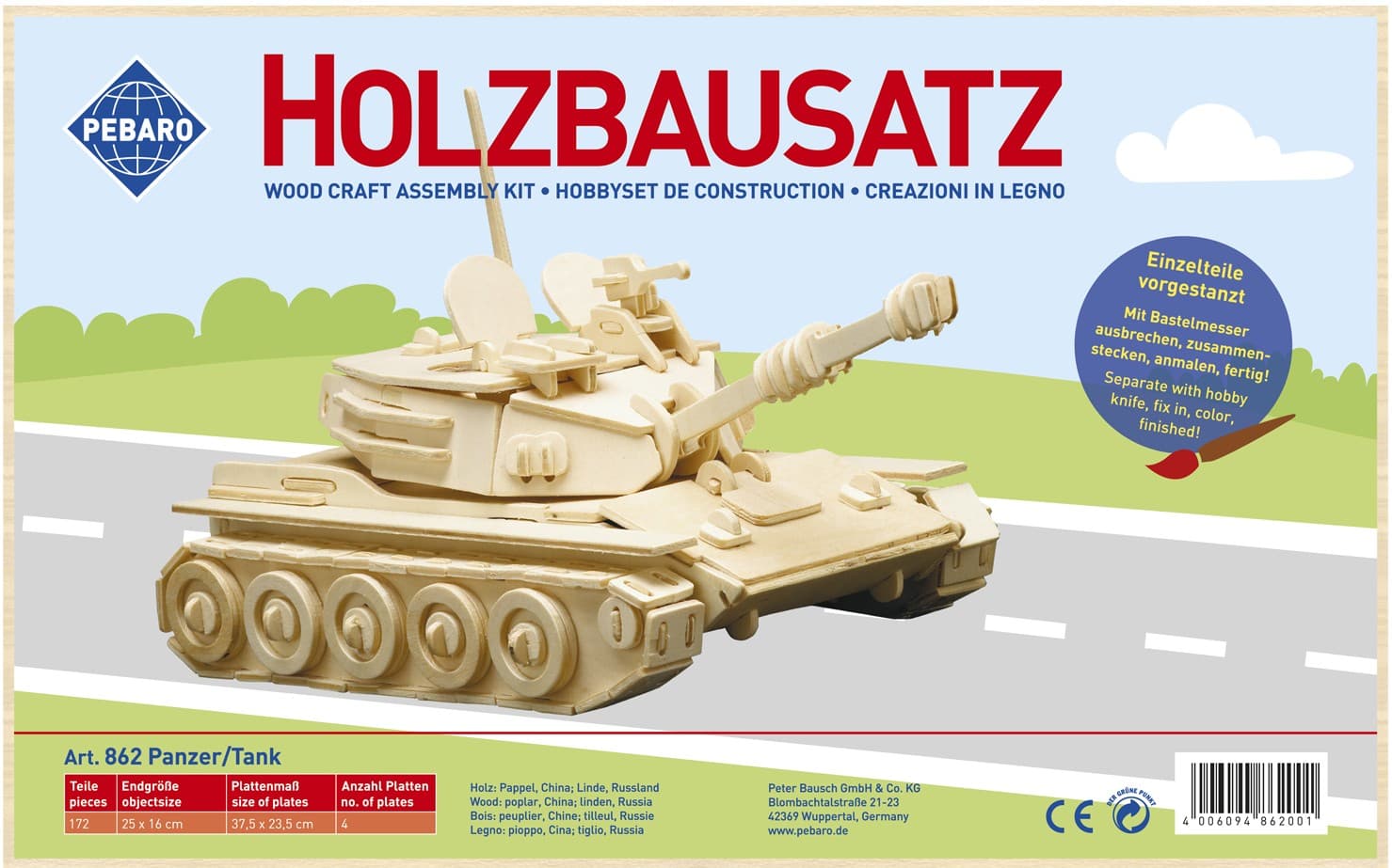 PEBARO 862 - Holzbausatz Panzer, 172 Teile, Holzkonstruktion zum Zusammenstecken