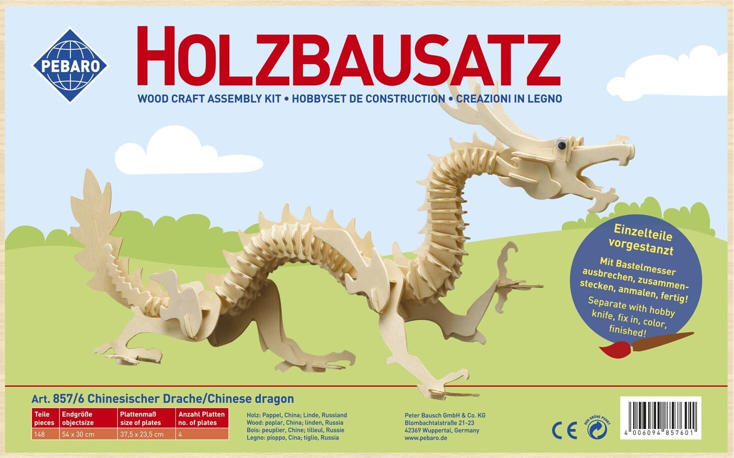 PEBARO 857/6 - Holzbausatz Chinesischer Drache, 148 Teile, Holzkonstruktion zum Zusammenstecken