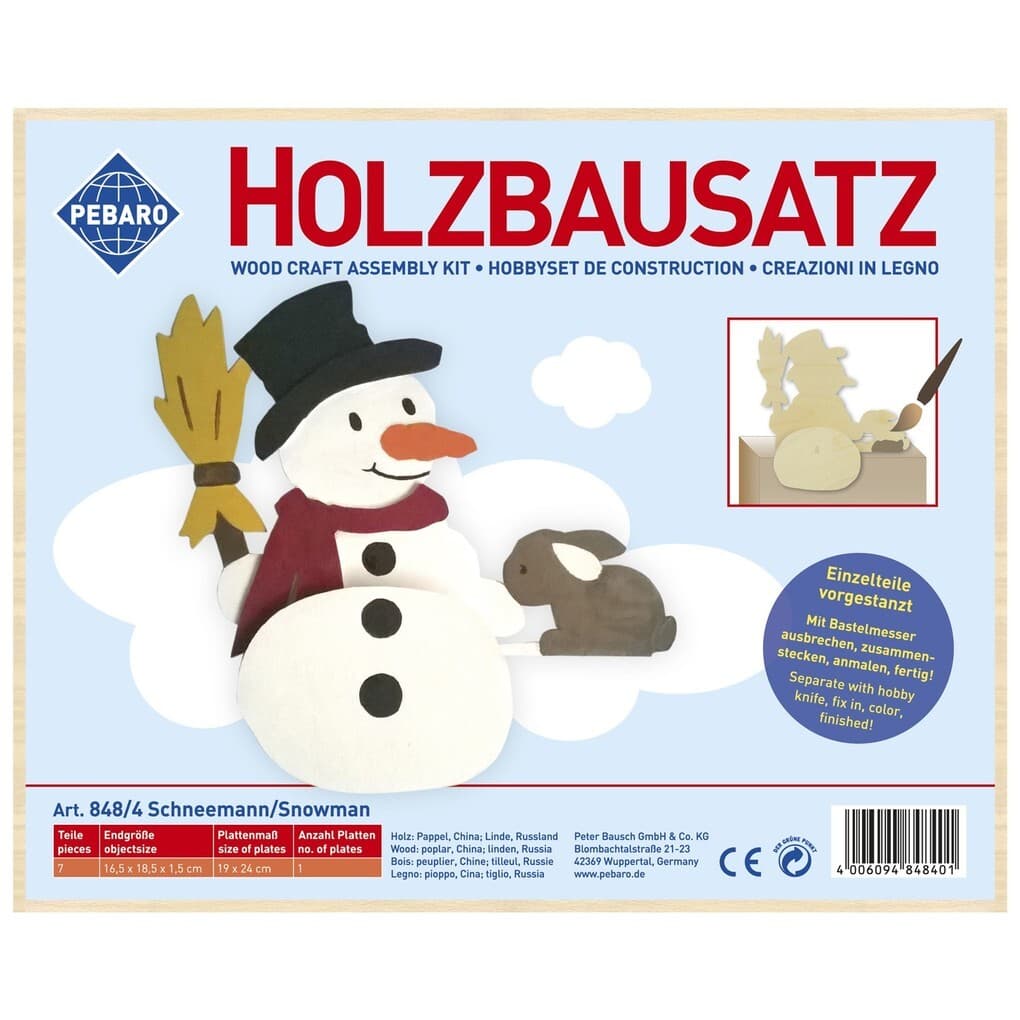 PEBARO 848/4 - Holzbausatz Schneemann Kantenhocker, 7 Teile, Holzkonstruktion zum Zusammenstecken