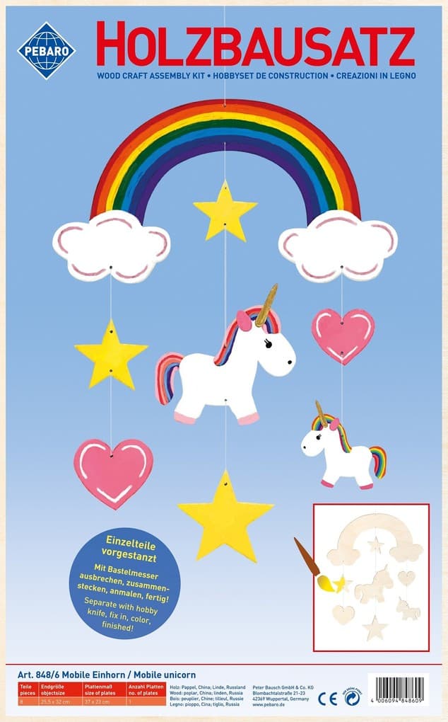 PEBARO 848/6 - Holzbausatz Mobile Einhorn, 8 Teile, Holzkonstruktion zum Zusammenstecken