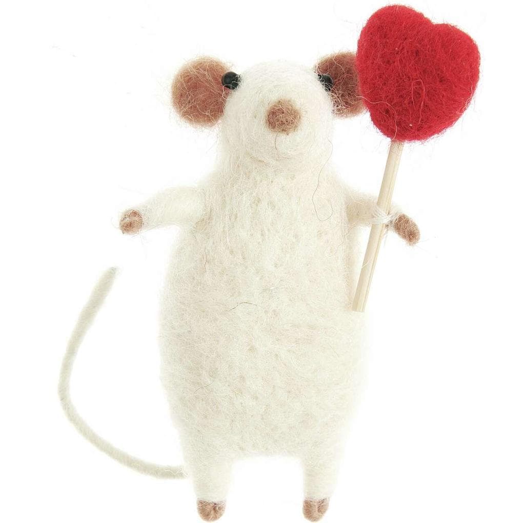 Filz-Maus mit rotem Herz, Weiß, 8 x 7 x 6,5cm