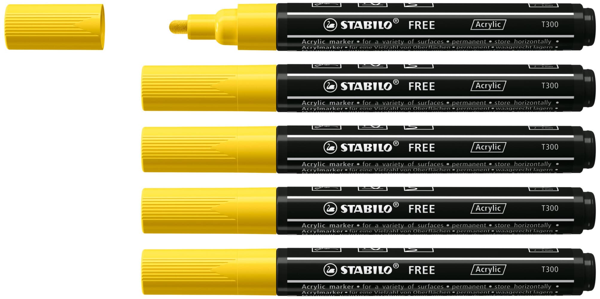 STABILO Acrylmarker FREE Acrylic T300, 2-3 mm, 5er Set, gelb