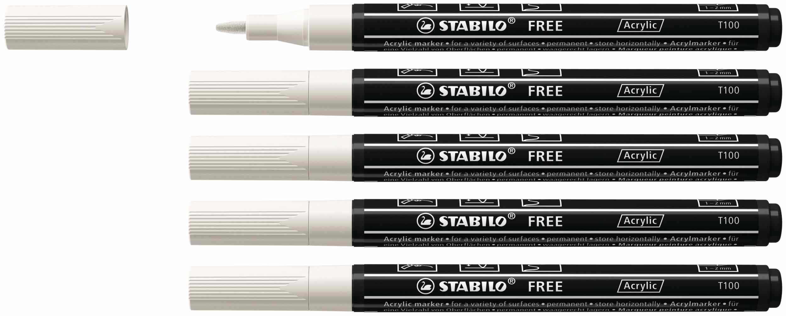 Acrylmarker, STABILO FREE Acrylic T100, Strichbreite 1-2 mm, 5er Pack, weiß