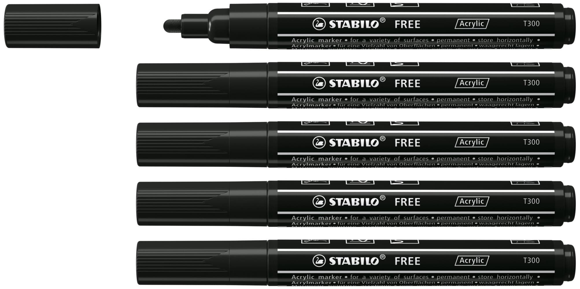 STABILO Acrylmarker FREE Acrylic T300, 2-3 mm, 5er Set, schwarz