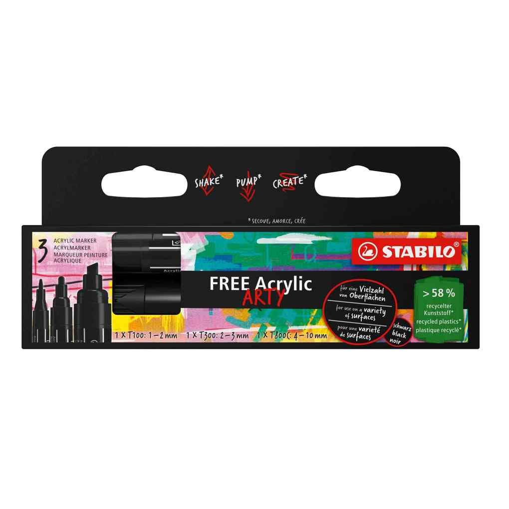 STABILO Acrylmarker FREE Acrylic, 3er Set, schwarz, 3 verschiedene Spitzen
