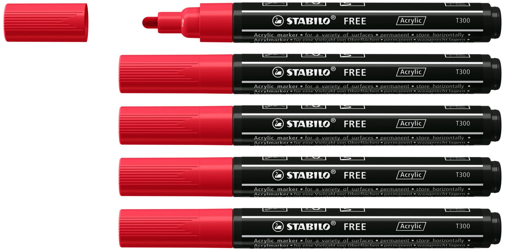 STABILO Acrylmarker FREE Acrylic T300, 2-3 mm, 5er Set, karmin