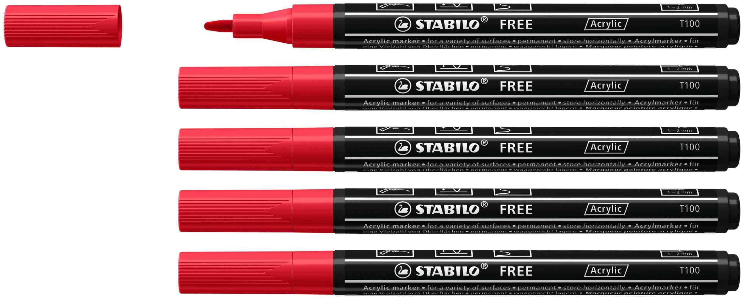 STABILO Acrylmarker FREE Acrylic T100, 1-2 mm, 5er Set, karmin