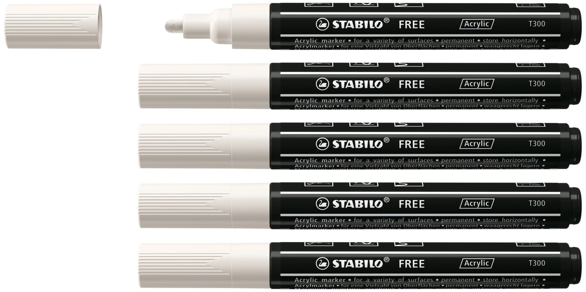 STABILO Acrylmarker FREE Acrylic T300, 2-3 mm, 5er Set, weiß