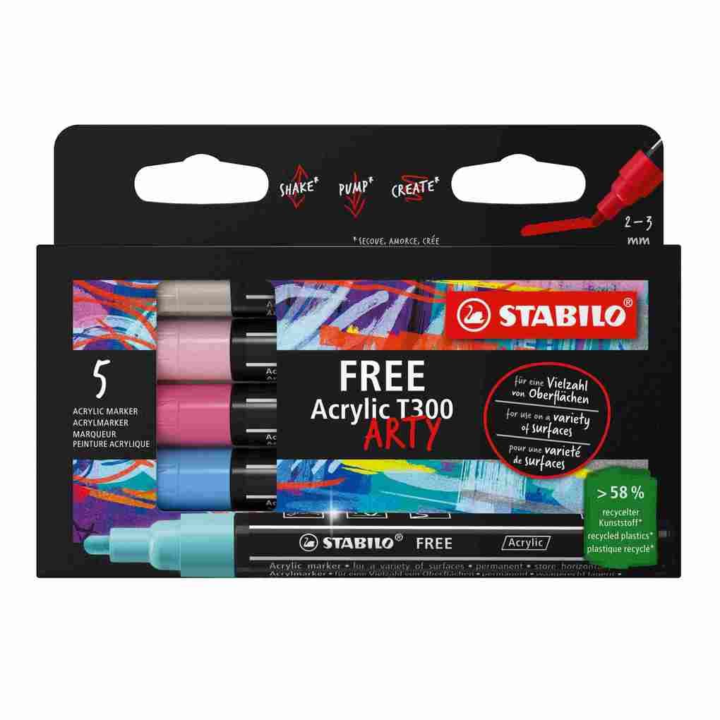STABILO Acrylmarker FREE Acrylic T300, 2-3 mm, 5er Set, CANDY