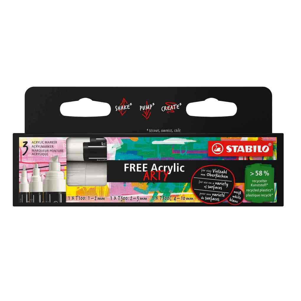 STABILO Acrylmarker FREE Acrylic, 3er Set, weiß, 3 verschiedene Spitzen