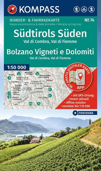 KOMPASS Wanderkarte 74 Südtirols Süden / Bolzano Vigneti e Dolomiti, Val di Cembra, Val di Fiemme 1:50.000