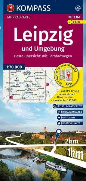 KOMPASS Fahrradkarte 3361 Leipzig und Umgebung mit Knotenpunkten 1:70.000
