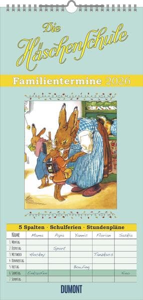 Familienplaner Häschenschule 2026 - Familien-Timer 22x45 cm - mit Ferienterminen - 5 Spalten - Wand-Planer