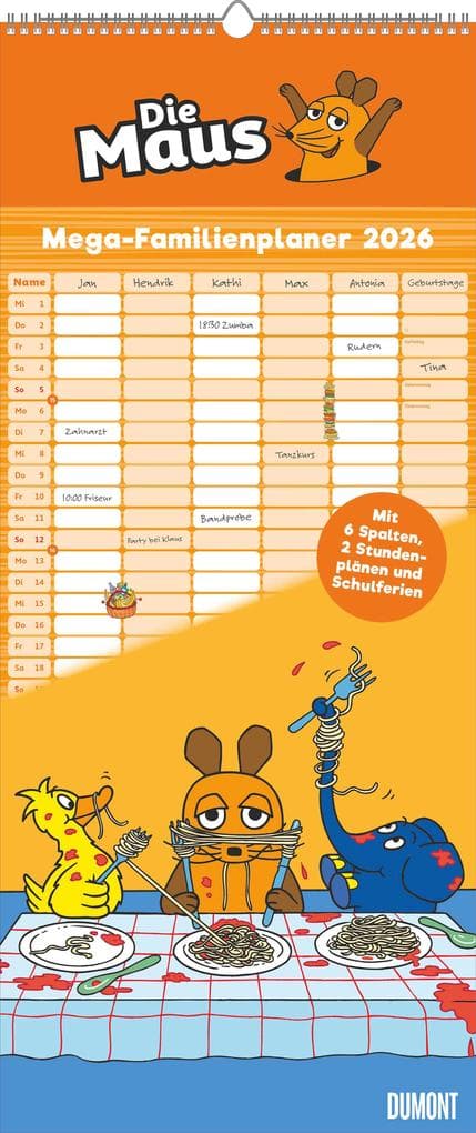 Die Maus 2026 - DUMONT Mega-Familienkalender mit 6 Spalten - Familienplaner mit 2 Stundenplänen und Ferientabelle - Hochformat 30,0 x 70,0 cm