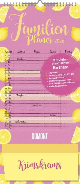 Familienplaner Krimskrams mit Tasche 2026 - 4 Spalten - Familienkalender 22x49 cm - mit Ferienterminen - Stundenplänen - Wandkalender - Wandplaner
