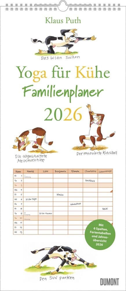 DUMONT - Yoga für Kühe Familienplaner 2026 - Wandkalender 22 x 50 cm - Lustiger Familienkalender mit