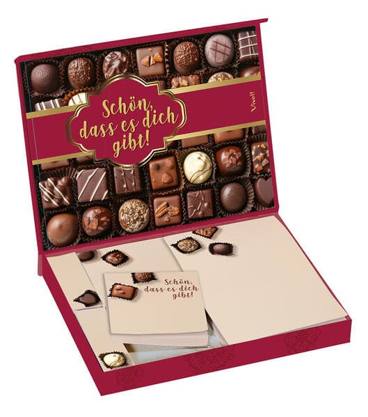 Notizzettelbox 'Schön, dass es dich gibt' mit Pralinendesign