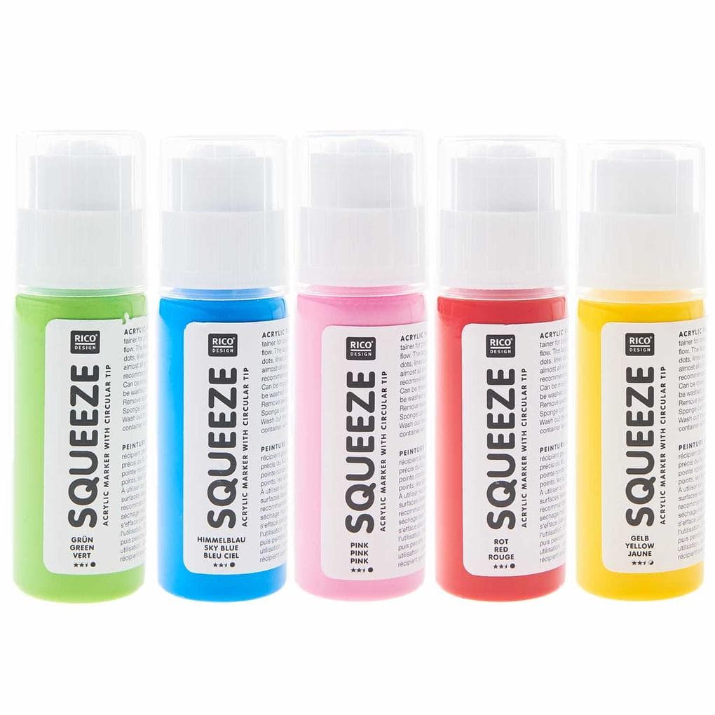 Squeeze Marker, 5x60ml Regenbogen Set (Gelb / Pink / Rot / Himmelblau / Grün)