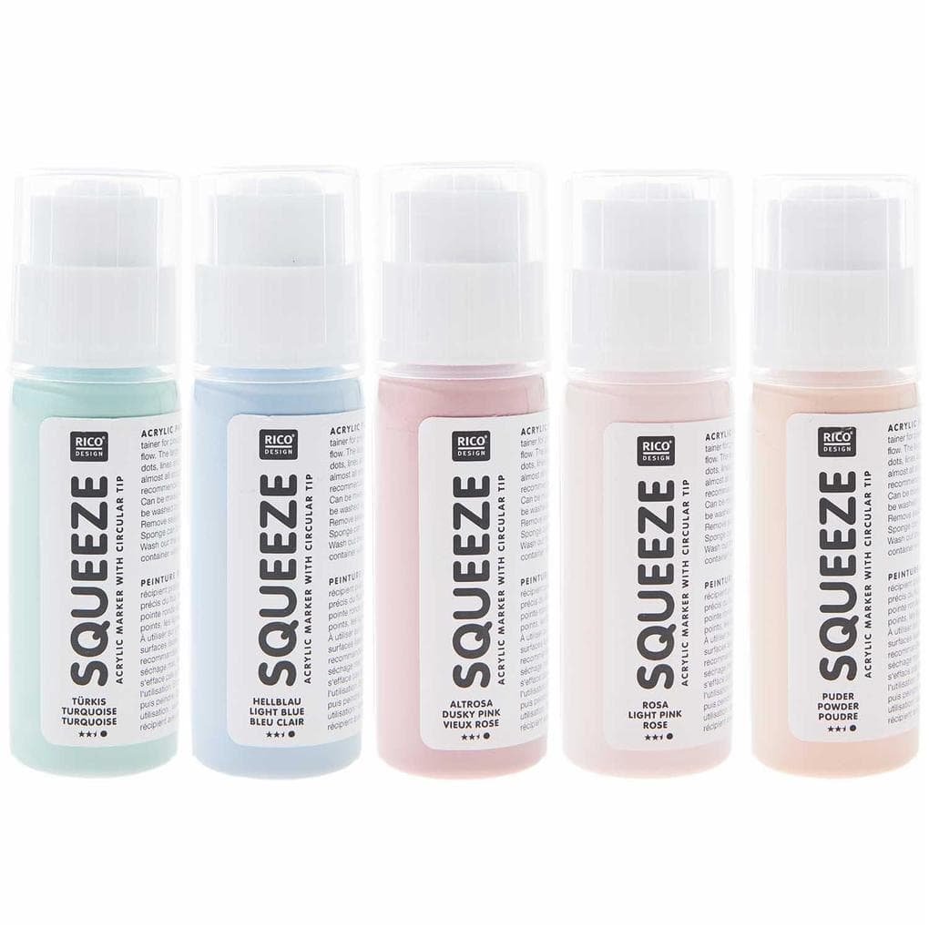 Squeeze Marker, 5x60ml Pastell Set (Puder / Hellrosa / Altrosa / Hellblau / Türkis)