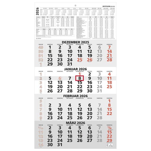 4-Monatskalender rot 2026 - 33x45 - mit Kopftafel - Datumsschieber- 959-0011-1