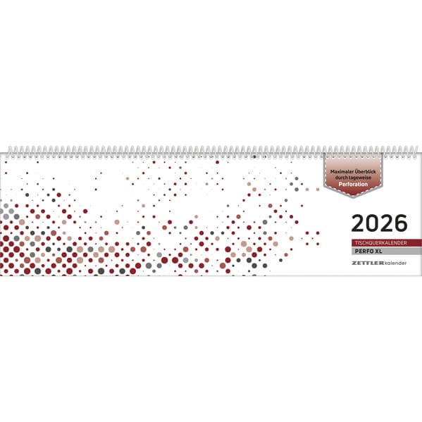 Zettler Tischquerkalender 1W/2S Perfo XL Rot 2026 - Bürokalender 36x11 cm, Wochenkalender mit 1 Woch