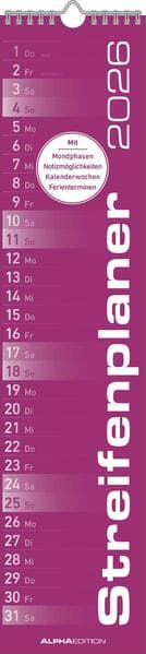 Streifenplaner PINK 2026 - Streifenkalender - Wandplaner - Küchen-Kalender - 11,3x49,5