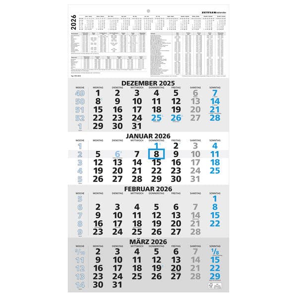 4-Monatskalender blau 2026 - 33x45 - mit Kopftafel - Datumsschieber - 959-0015-1