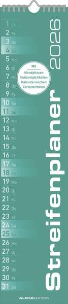 Streifenplaner MINT 2026 - Streifenkalender - Wandplaner - Küchen-Kalender - 11,3x49,5