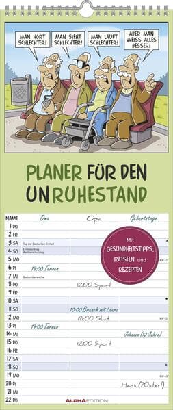 Planer für den Unruhestand 2026 - Familien-Planer 19,5x45 cm - mit lustigen Cartoons - Humor-Kalender - Wandplaner - Alpha Edition